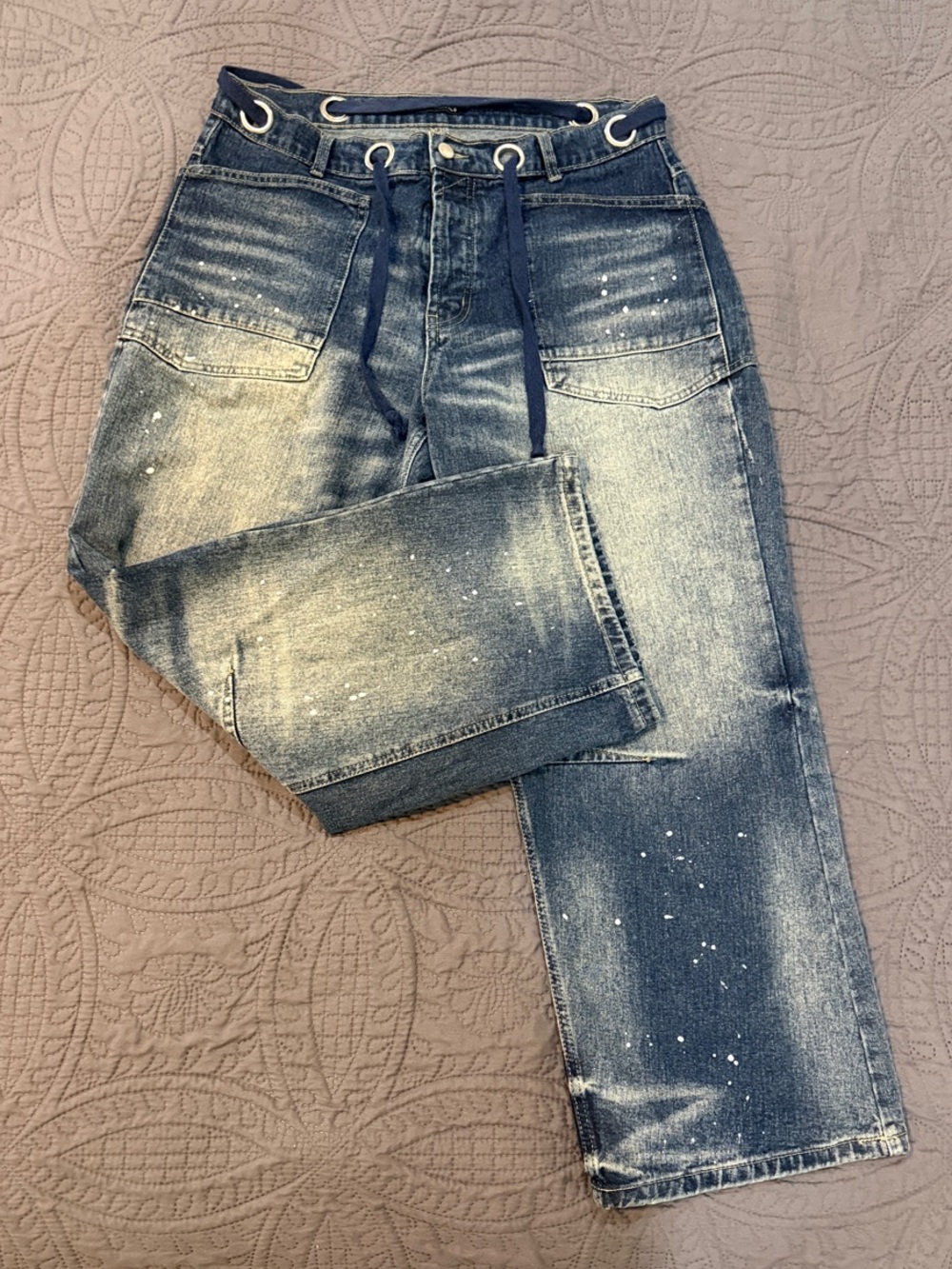Wide-Leg Paint-Splatter Jeans - Blue